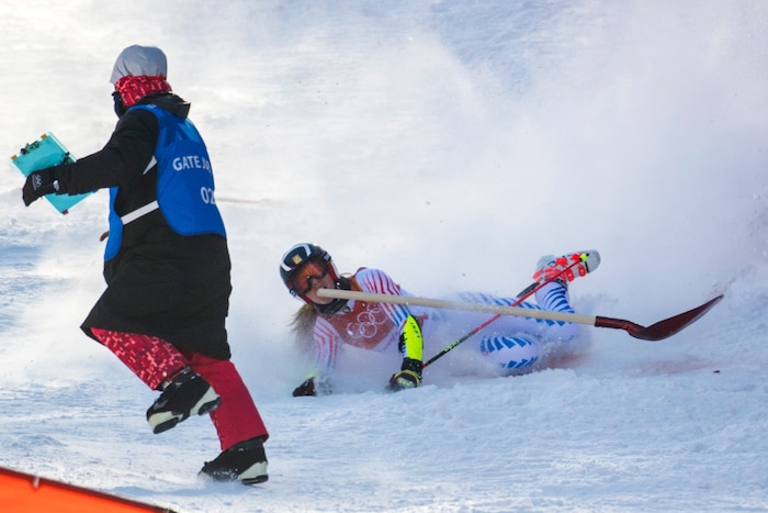 (Chris Detrick  |  The Salt Lake Tribune)  USA's Patricia Mangan crashes while competing in the Ladies' Giant Slalom at Yongpyong Alpine Centre during the Pyeongchang 2018 Winter Olympics Thursday, Feb. 15, 2018.  