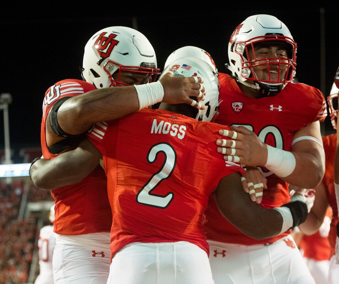 (Rick Egan  |  The Salt Lake Tribune)Utah celebrates the touchdown by running back Zack Moss (2) in PAC-12 football action, Utah Utes vs. Stanford Cardinals, at Rice-Eccles Stadium, Saturday, October 7, 2017.