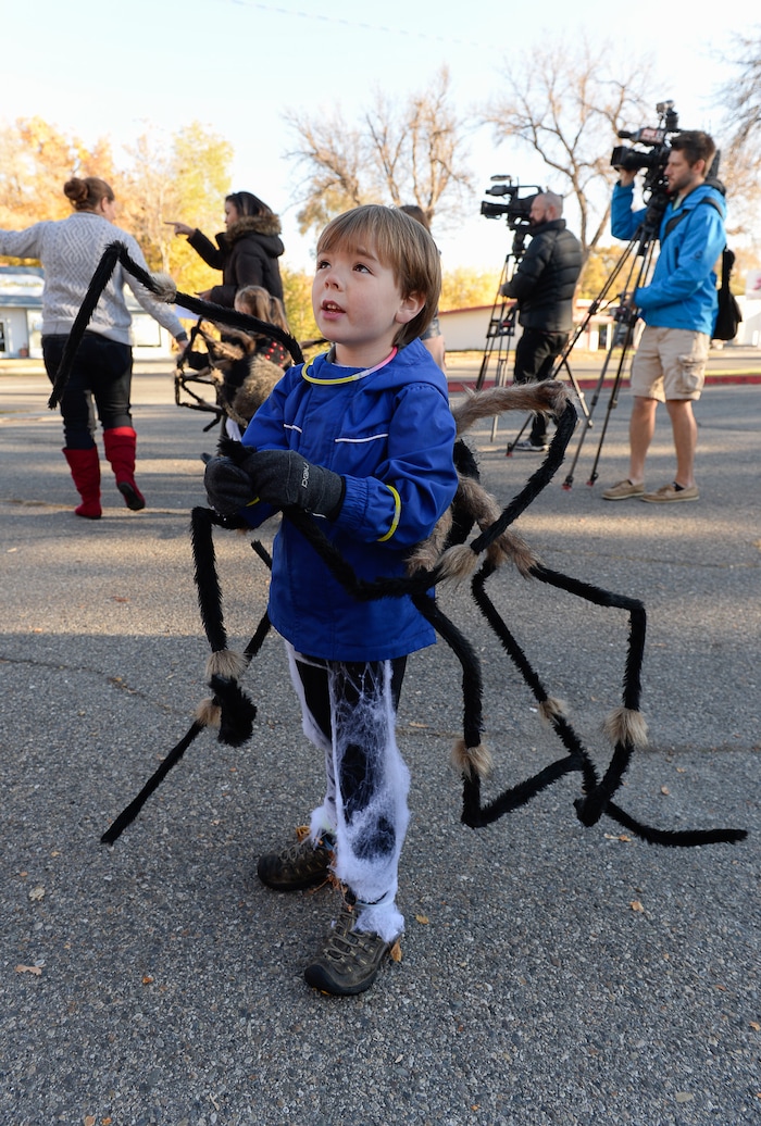 (Francisco Kjolseth  |  The Salt Lake Tribune)  Frederick Simmon, 5, dressed as a spider joins his family as they revisit the intersection where he and three other family members were struck by a truck on Halloween two years ago. In collaboration with UDOT, the family relayed their story in hopes of keeping other trick-or-treaters safe this Halloween season. 