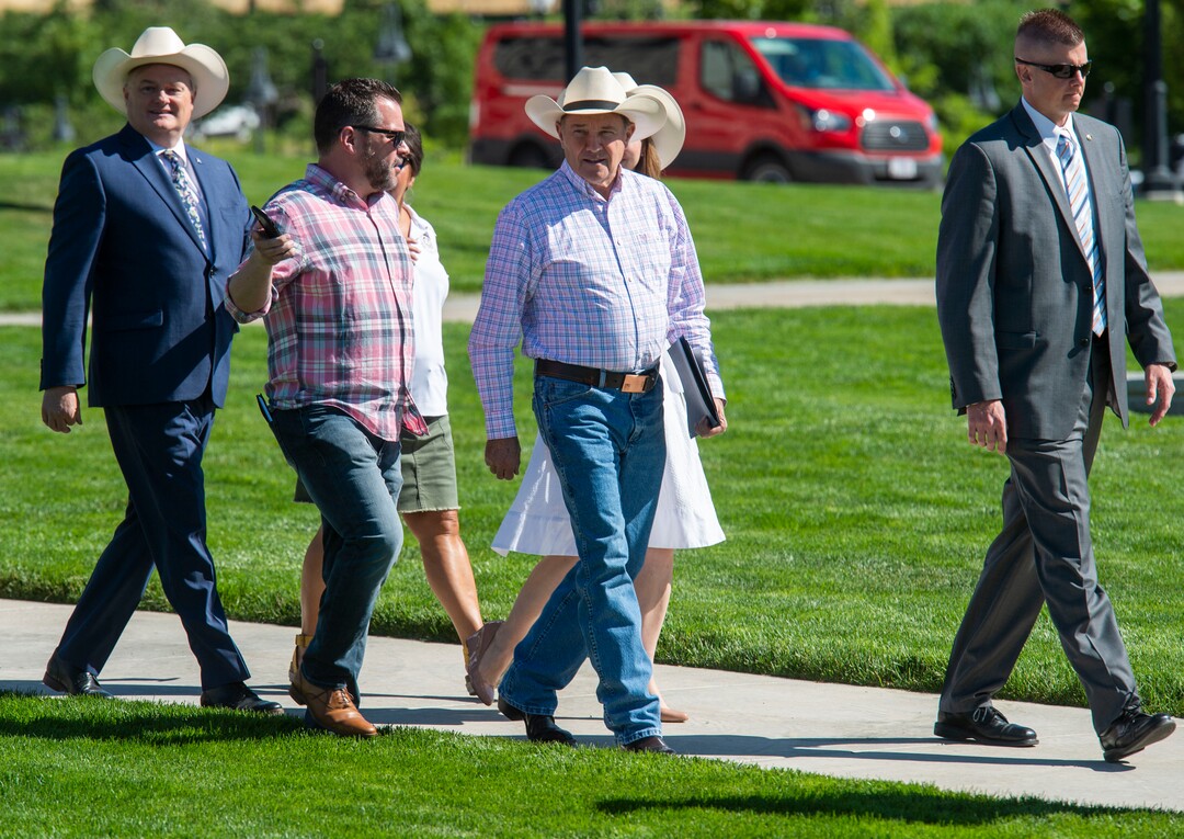 (Rick Egan  |  The Salt Lake Tribune)       Gov. Gary Herbert arrives at a news conference about the Days of 47 festivities, on the State Capitol lawn, Tuesday, July 16, 2019.