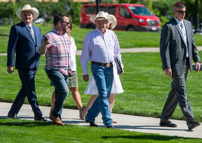(Rick Egan  |  The Salt Lake Tribune)       Gov. Gary Herbert arrives at a news conference about the Days of 47 festivities, on the State Capitol lawn, Tuesday, July 16, 2019.