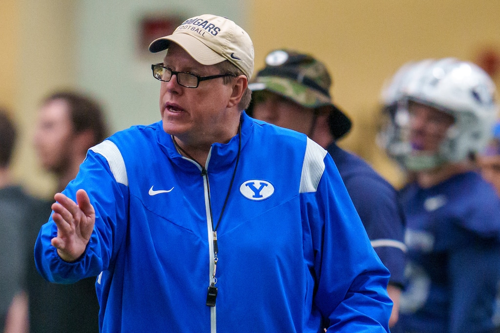 (Trent Nelson | The Salt Lake Tribune) Offensive line coach Darrell Funk at BYU football practice in Provo on Monday, March 6, 2023.