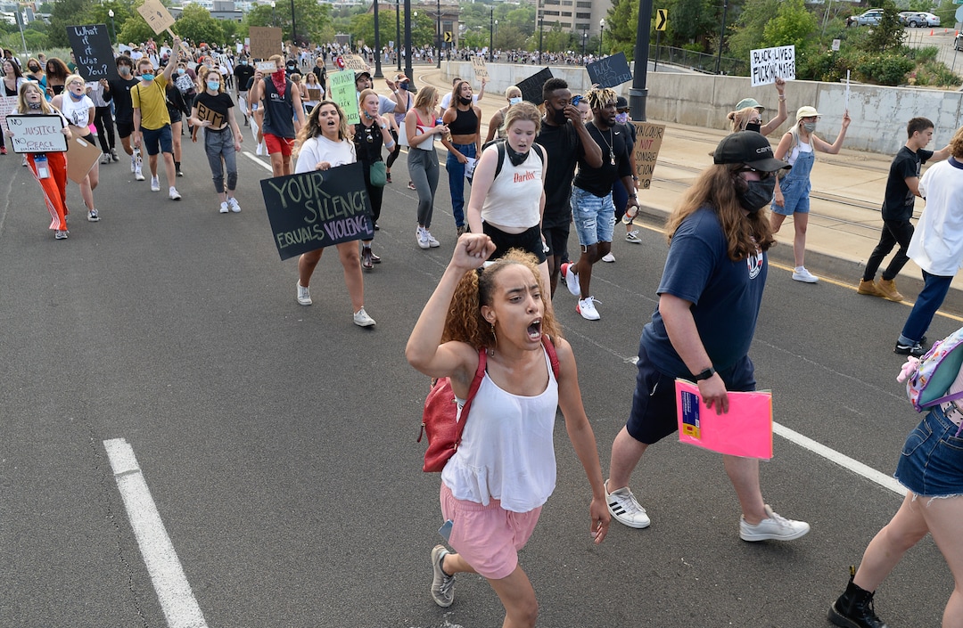 (Francisco Kjolseth  |  The Salt Lake Tribune) Demonstrators protesting against police brutality make their way to the University of Utah on Wednesday, June 3, 2020, in Salt Lake City, as the initially set 8 p.m. weeklong curfew was removed.