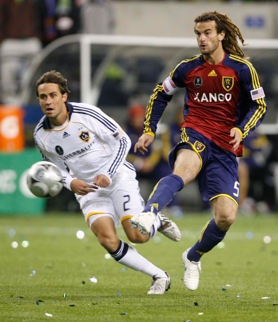 (Trent Nelson  |  Tribune file photo) LA's Todd Dunivant and Real Salt Lake midfielder Kyle Beckerman (5). Real Salt Lake vs. LA Galaxy, MLS Cup Sunday, November 22 2009 at Qwest Field in Seattle.