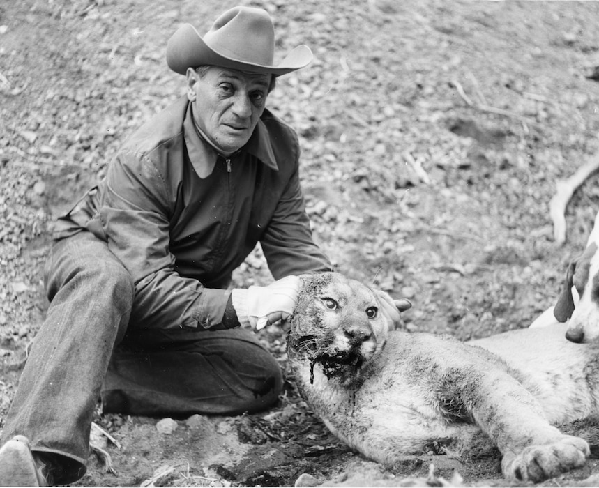 (The Mob Museum) Moe Dalitz with a mountain lion he killed while hunting at the D.I. Ranch.