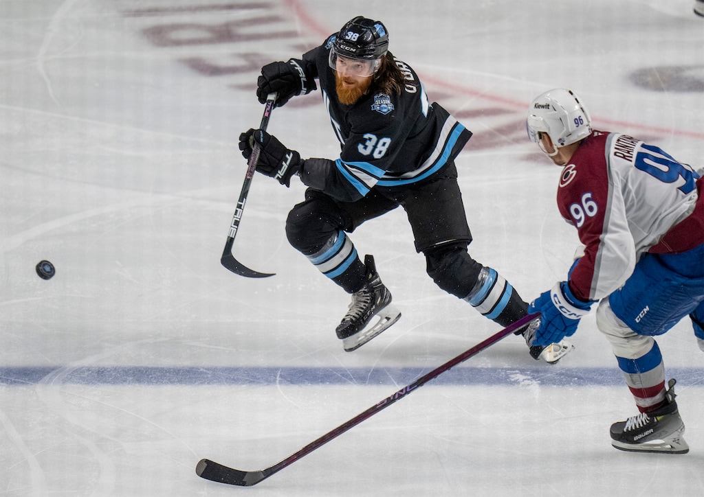 (Rick Egan | The Salt Lake Tribune) Liam O'Brien (38) and Colorado Avalanche right wing Mikko Rantanen (96), in NHL preseason action between the Utah Hockey Club and the Colorado Avalanche, at the Maverick Center, on Saturday Oct. 5, 2024.