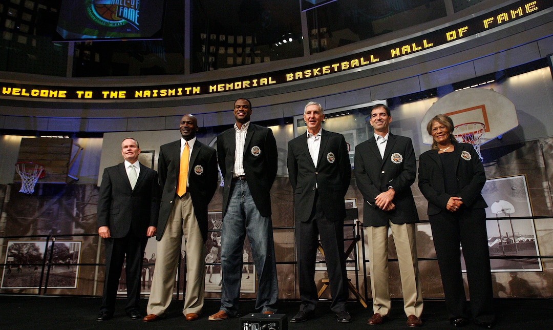 (Leah Hogsten  |  Tribune file photo) Left to right, John L. Doleva, president and CEO of the Naismith Memorial Basketball Hall of Fame, stands with Hall of Fame inductees Michael Jordan, David Robinson, Jerry Sloan, John Stockton, and C. Vivian Stringer.