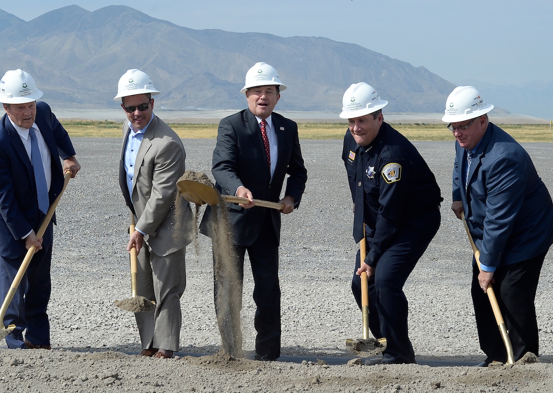 (Scott Sommerdorf   |  The Salt Lake Tribune)   Utah Governor Gary Herbert, center, turns dirt along with other dignitaries at the site of the new prison, Wednesday, August 16, 2017. Rep. Brad Wilson, R-Layton, is left of the Governor, and Utah Dept. of Corrections Executive Director Rollin Cook is to the right.