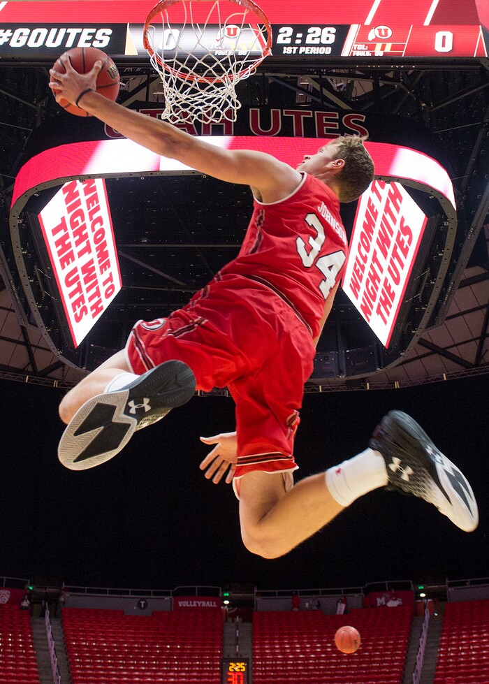 (Leah Hogsten  |  The Salt Lake Tribune) Utah Utes forward Jayce Johnson (34) during the Utah men's and women's basketball teams, Night with the Utes, Tuesday, Oct. 17, at the Jon M. Huntsman Center. 