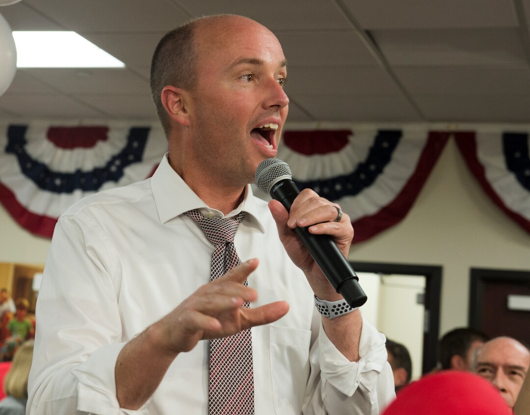 (Rick Egan  |  The Salt Lake Tribune)   Lt. Gov. Spencer Cox gives a speech at the Romney headquarters in Orem, on election night, Tuesday, Nov. 6, 2018.