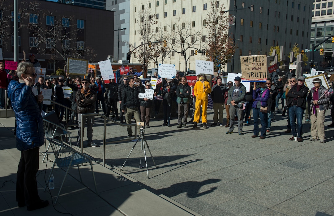 (Rick Egan  |  The Salt Lake Tribune)    Karen Shepherd speaks at the "Rally for the Rule of Law" to urge Utah’s Members of Congress to prevent President Donald Trump from compromising the independence of Special Counsel Robert Mueller, at the Federal Building, Saturday, Nov. 10, 2018.