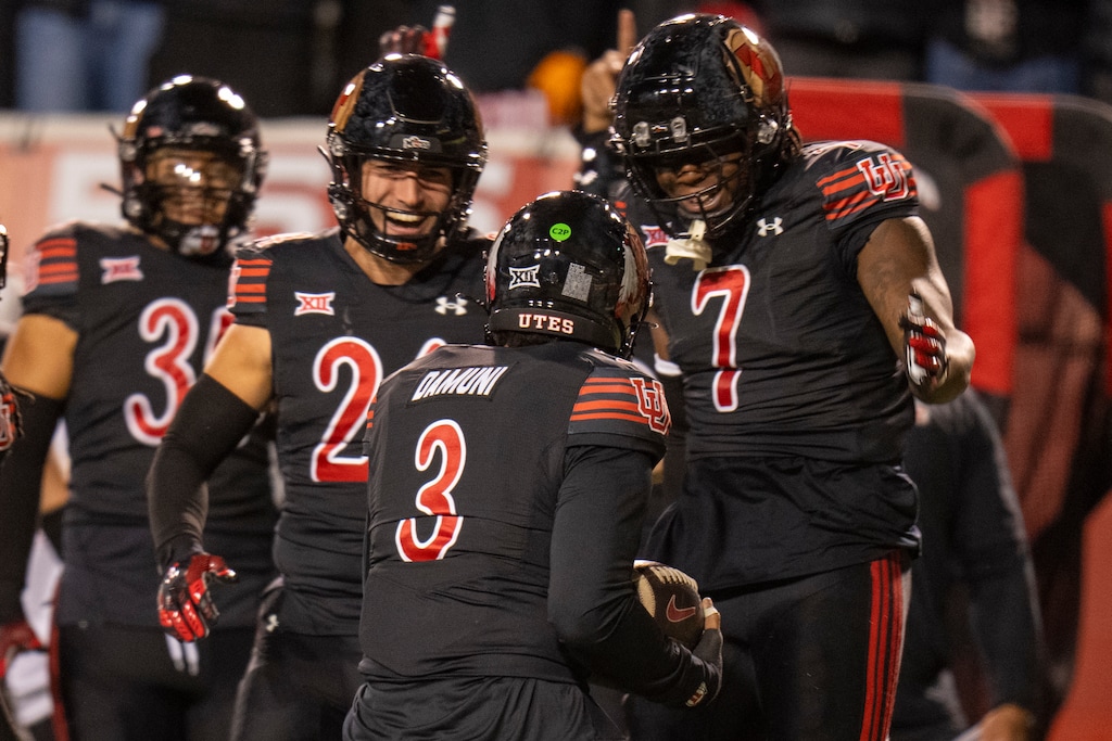 (Rick Egan | The Salt Lake Tribune) The Utes celebrate after linebacker Levani Damuni (3) recovered a fumble against the Cincinnati Bearcats at Rice-Eccles Stadium, on Saturday, Nov. 1, 2025.


