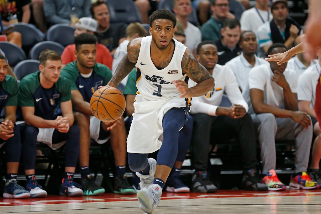 Utah Jazz guard Justin Wright-Forman (3) moves with the ball during the first half of the team's NBA summer league basketball game against the Cleveland Cavaliers on Tuesday, July 2, 2019, in Salt Lake City. (AP Photo/Rick Bowmer)