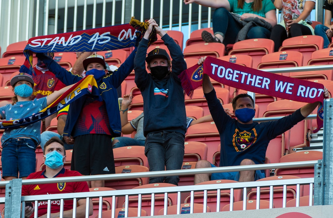 (Rick Egan  |  The Salt Lake Tribune)     Socially distanced fans cheer on Real Salt Lake  during MLS soccer action between Real Salt Lake and the Seattle Sounders, at Rio Tinto Stadium, Wednesday, Sept. 2, 2020.