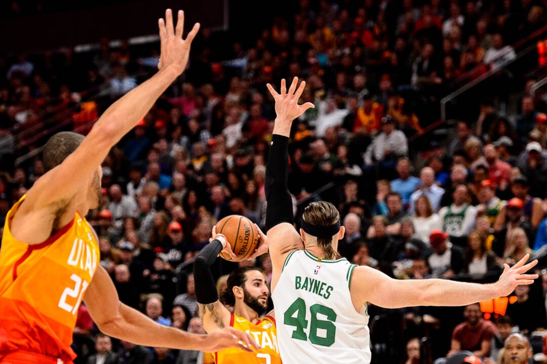 (Trent Nelson | The Salt Lake Tribune)  Utah Jazz guard Ricky Rubio (3) defended by Boston Celtics center Aron Baynes (46). Utah Jazz vs. Boston Celtics, NBA basketball in Salt Lake City on Friday Nov. 9, 2018.
