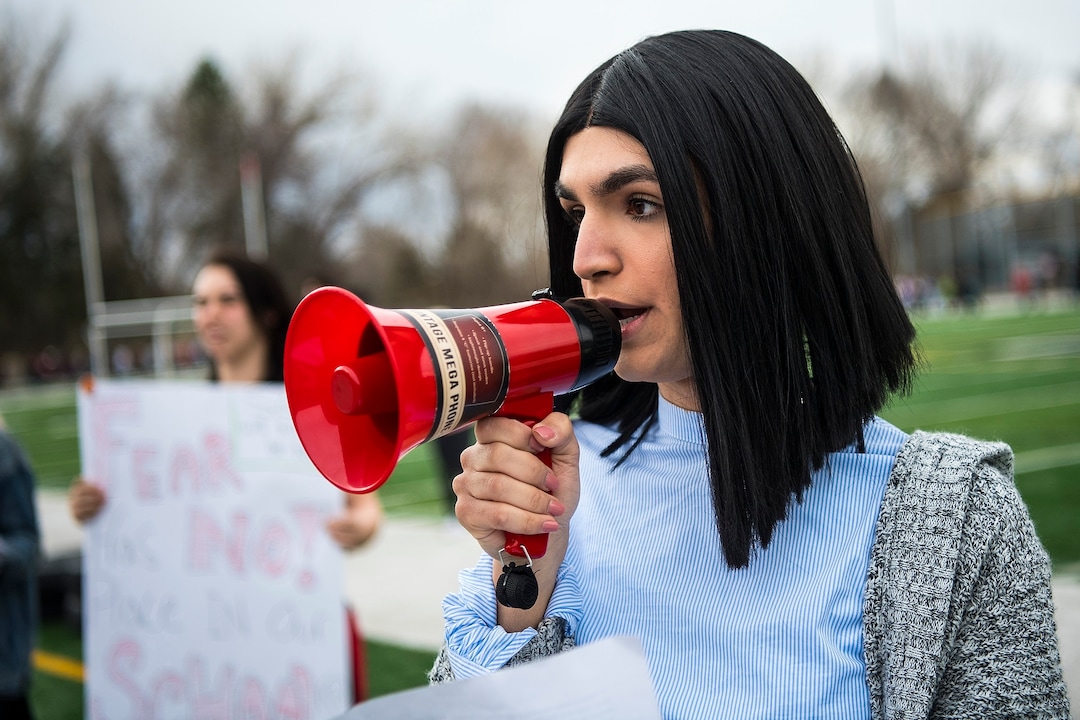 (Chris Detrick  |  The Salt Lake Tribune)  Student Organizer Ermiya Fanaeian speaks during a nationwide demonstration for better gun safety laws at Highland High School in Salt Lake City Thursday, March 15, 2018. Students at more than 30 schools along the Wasatch Front, nearly all of them high schools, particiapted in the 17-minute walkout Ñ one minute for each of the Florida students killed.