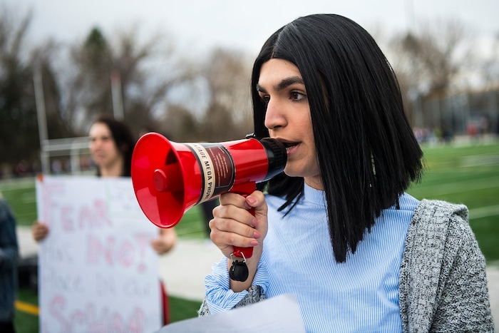 (Chris Detrick  |  The Salt Lake Tribune)  Student Organizer Ermiya Fanaeian speaks during a nationwide demonstration for better gun safety laws at Highland High School in Salt Lake City Thursday, March 15, 2018. Students at more than 30 schools along the Wasatch Front, nearly all of them high schools, particiapted in the 17-minute walkout Ñ one minute for each of the Florida students killed.
