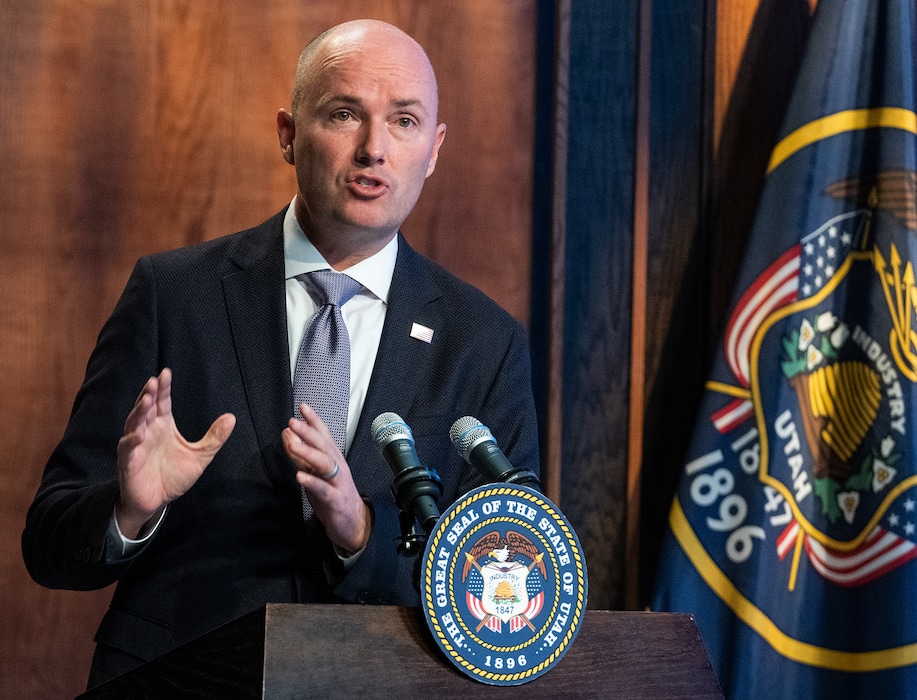 (Leah Hogsten | The Salt Lake Tribune) Governor Spencer Cox speaks during The PBS Utah Governor's Monthly News Conference, Dec. 16, 2021 at the Eccles Broadcast Center in Salt Lake City.
