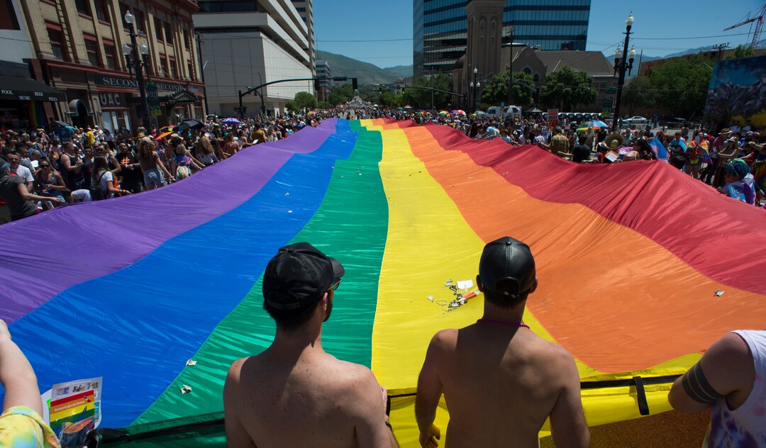 (Rick Egan  |  The Salt Lake Tribune)   The Utah Pride Parade marches up 200 South in Salt Lake City, Sunday, June 3, 2018.
