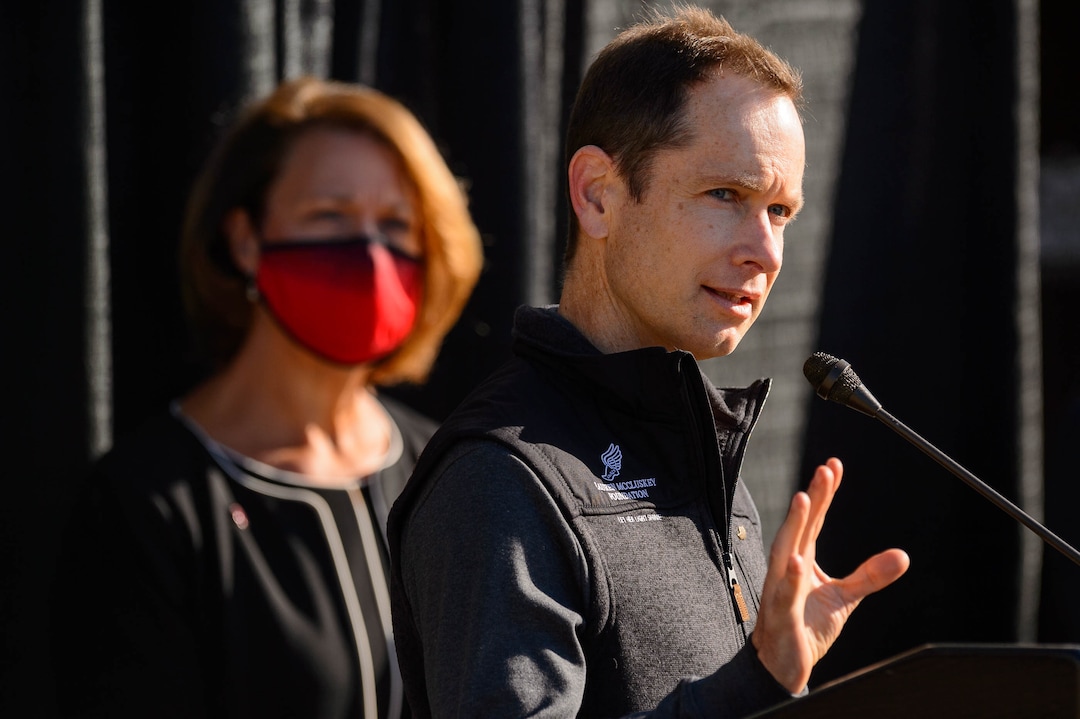 (Trent Nelson  |  The Salt Lake Tribune) Matt McCluskey speaks as the family of Lauren McCluskey announces a settlement of their lawsuit against the University of Utah, in Salt Lake City on Thursday, Oct. 22, 2020. University of Utah President Ruth Watkins is at left.