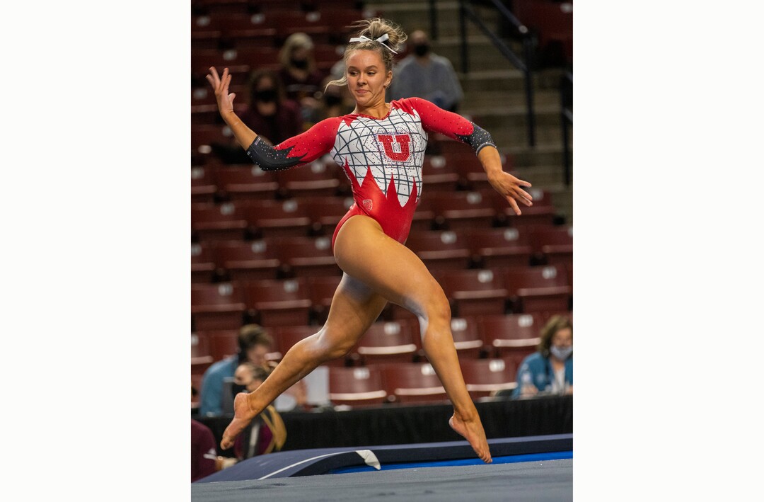 (Rick Egan | The Salt Lake Tribune) Maile O'Keefe competes on the floor for Utah in the PAC-12 Gymnastics Championship tournament at the Maverik Center, on Saturday, March 20, 2021.