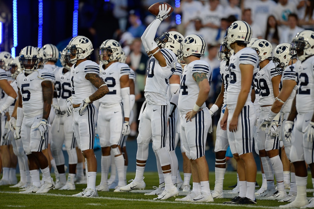(Francisco Kjolseth  |  The Salt Lake Tribune)  BYU takes to the field during the first half of the NCAA college football game, Saturday, Sept. 8, 2018, at LaVell Edwards stadium in Provo, Utah, against California.