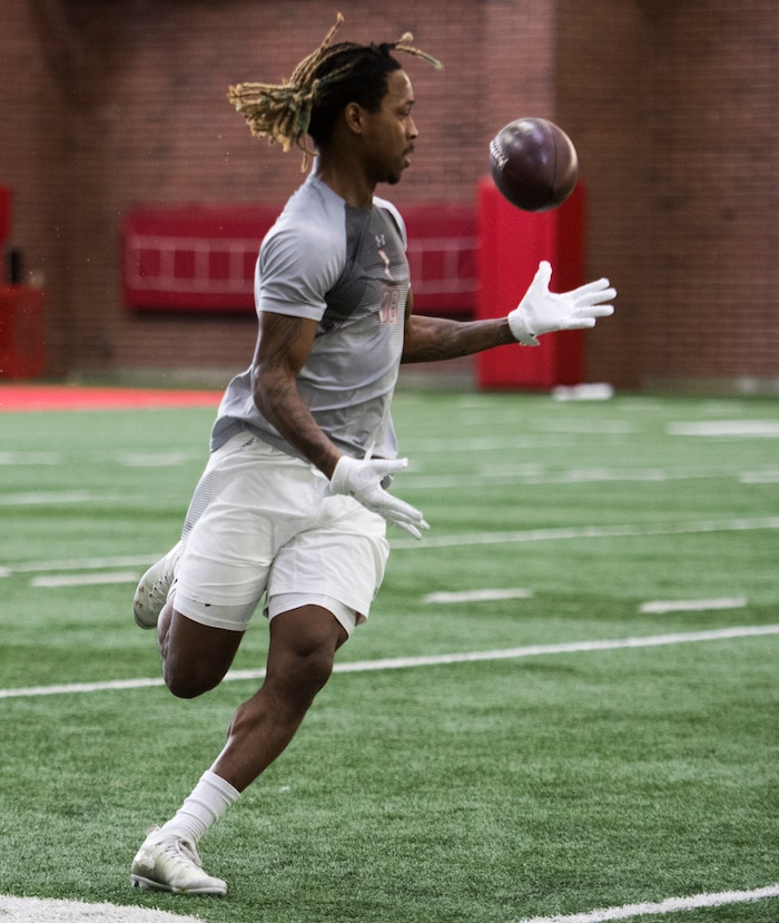 (Rick Egan  |  The Salt Lake Tribune)      Boobie Hobbs catches a pass, during University of Utah's 2018 Pro Day for NFL scouts, at Spence Eccles Field House, Wednesday, March 28, 2018.