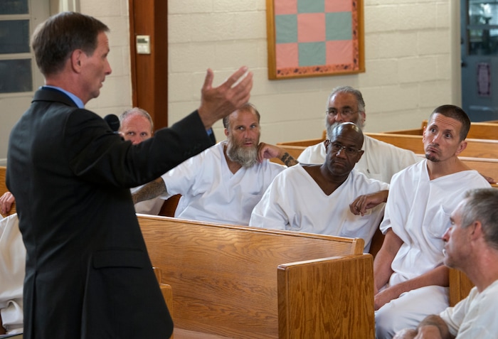 (Rick Egan  |  The Salt Lake Tribune)  Rep. Chris Stewart speaks to inmates at the Utah State Prison, Wednesday, August 23, 2017.


