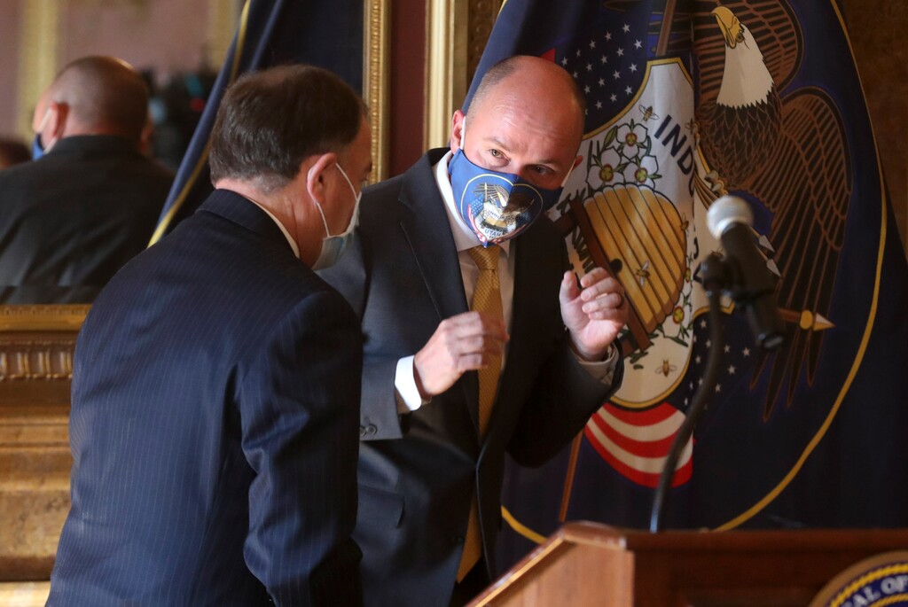 (Steve Griffin | Deseret News, pool) Gov. Gary Herbert, left, and Gov.-elect Spencer Cox talk as they leave a press conference where Gov.-elect Cox and Lt. Gov.-elect Deidre Henderson announced details related to their upcoming transition of leadership from the Gold Room at the Capitol in Salt Lake City on Thursday, Nov. 5, 2020. 