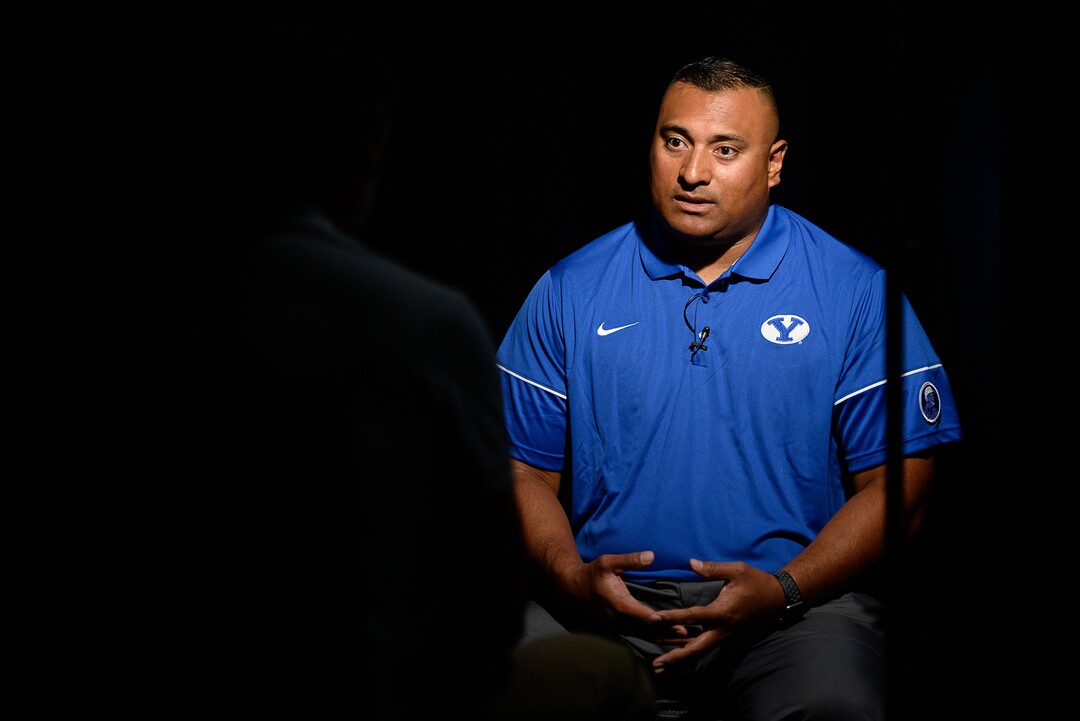 Francisco Kjolseth | The Salt Lake TribuneBYU football head coach Kalani Sitake, sits down for interviews during BYU Football Media Day at BYU Broadcasting in Provo on Friday, June 23, 2017.