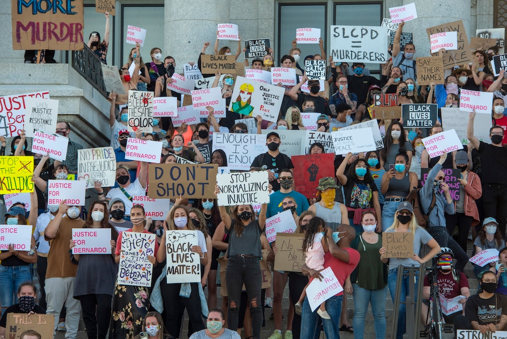 (Rick Egan  |  The Salt Lake Tribune)     Protesters gather on the stairs of the State Capitol during a demonstration in Salt Lake City, on Wednesday, June 10, 2020.