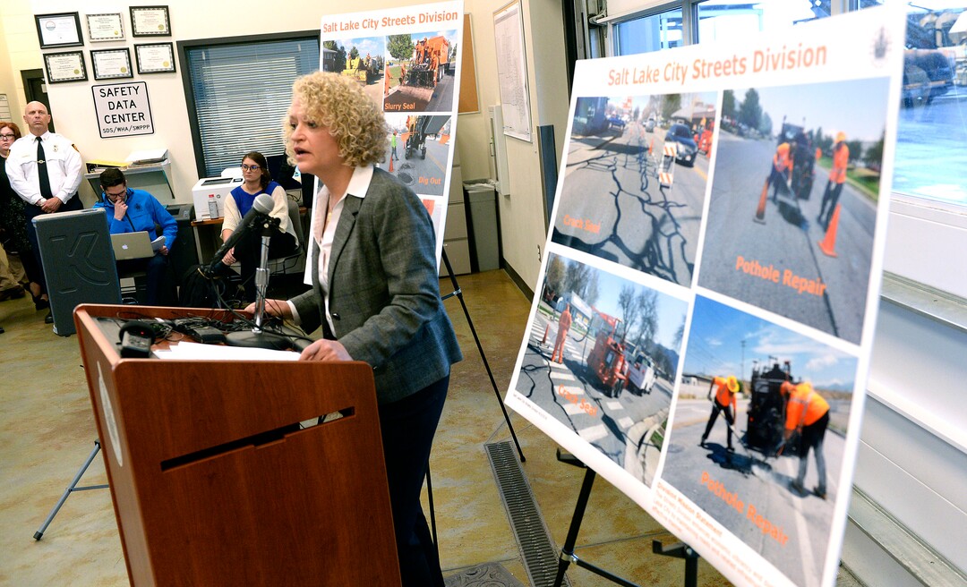 (Al Hartmann  |  The Salt Lake Tribune) 	Mayor Jackie Biskupski outlines next year's city budget at a press conference in Salt Lake City Monday April 30.  She requested more money for more more street repairs and maintainence and more police officers on the street. 