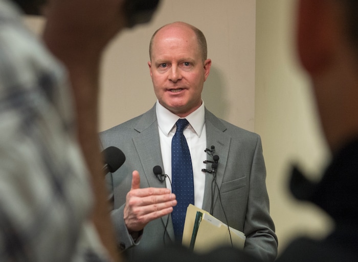 (Rick Egan  |  The Salt Lake Tribune)       Chad Grunander deputy Utah County attorney talks to the media after Jerrod Baum appeared for a hearing in Provo. He is accused of killing 18-year-old Riley Powell and 17-year-old Brelynne “Breezy” Otteson in December and dumping their bodies into an abandoned mine shaft. Thursday, April 26, 2018.   

