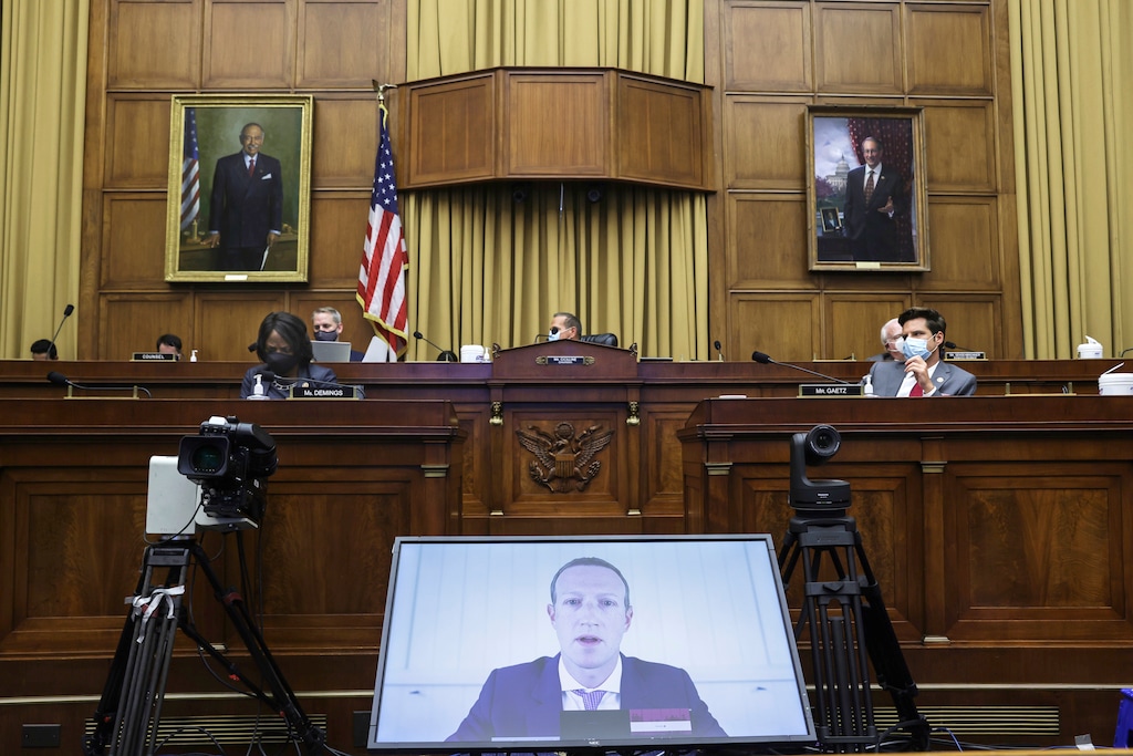 (Graeme Jennings | Pool via AP) Facebook CEO Mark Zuckerberg speaks via video conference during a House Judiciary subcommittee hearing on antitrust on Capitol Hill on Wednesday, July 29, 2020, in Washington.
