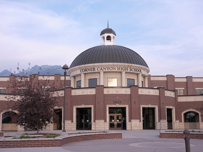 (Lindsay D'Addato | The New York Times) Corner Canyon High School, which had one of the biggest school coronavirus outbreaks in Utah and perhaps the country, in Draper, Utah, Sept. 26, 2020. The story of Canyons is an object lesson in what can happen when schools reopen in communities that are failing to contain the virus.