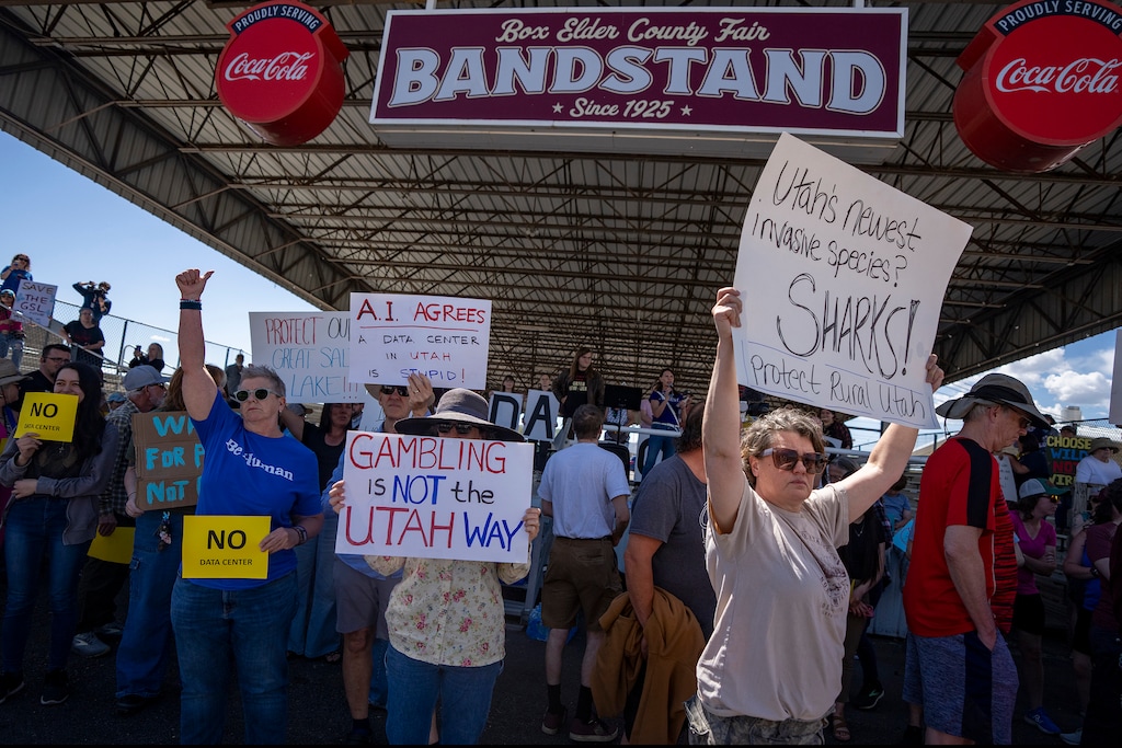 (Rick Egan | The Salt Lake Tribune) Protesters at the Box Elder County Commission meeting in Tremonton on Monday, May 4, 2026.