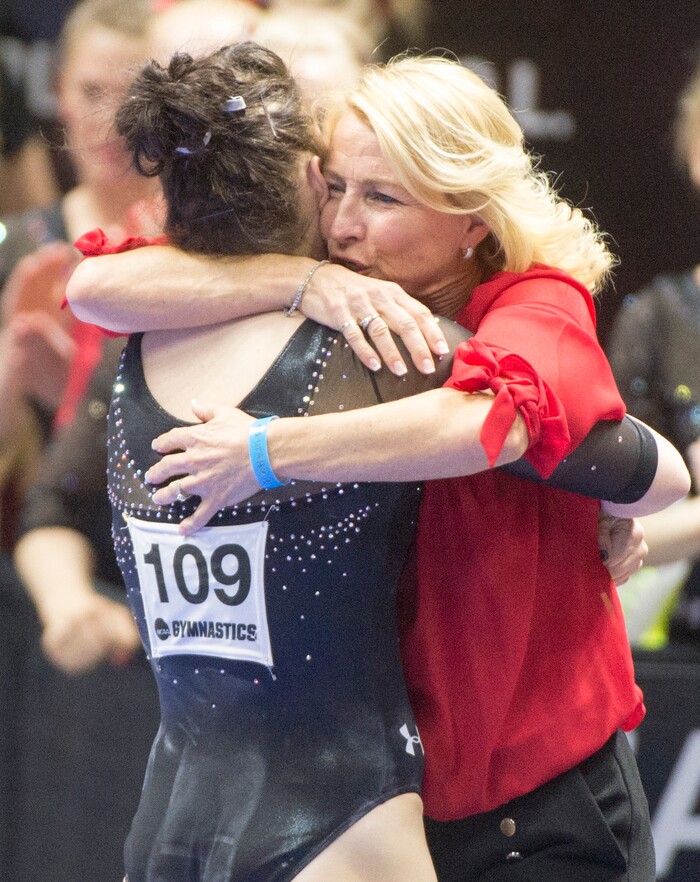 Rick Egan  |  The Salt Lake TribuneUtah head coach Megan Marsden congratulates Samantha Partyka after her balance beam routine, in the NCAA Regional Championships, at the Huntsman Center, Saturday, April 2, 2016.