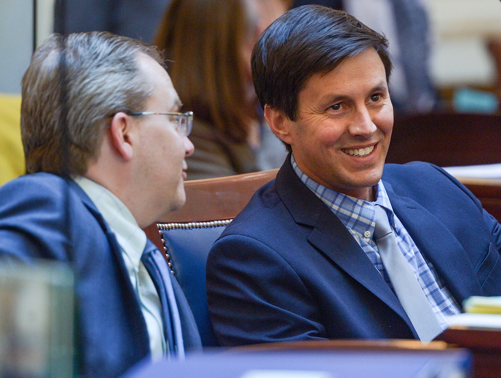 (Leah Hogsten  |  The Salt Lake Tribune) Sen. Kirk Cullimore, R-Draper, right, shares a laugh with Sen. Lincoln Fillmore, R-South Jordan, Feb. 26, 2020 during the afternoon session. 