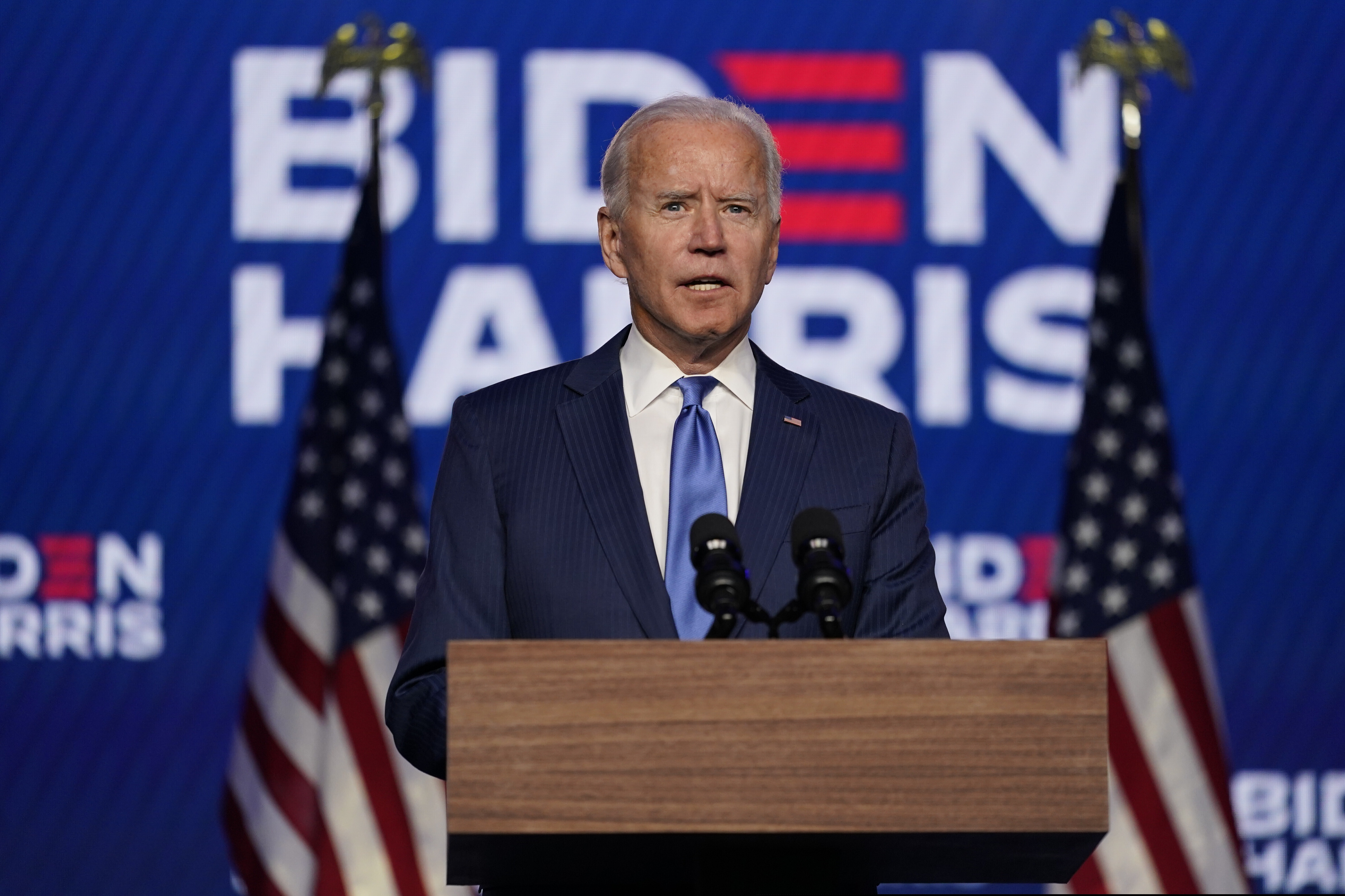 (Carolyn Kaster | The Associated Press) Democratic presidential candidate former Vice President Joe Biden speaks Friday, Nov. 6, 2020, in Wilmington, Del.