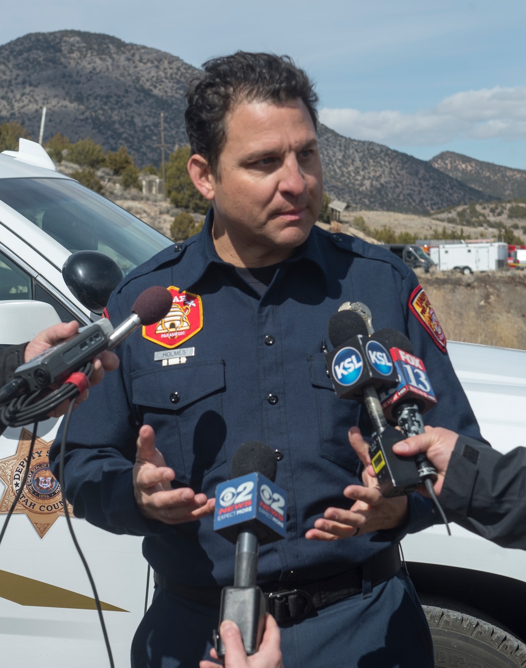 (Rick Egan  |  The Salt Lake Tribune)      Eric Holmes, Unified Fire  Authority, talks about the operation to recover the bodies that were found in an abandoned mine in Utah's west desert near Eureka. Police believe the bodies are those of two teenagers who have been missing for nearly three months.
Wednesday, March 28, 2018.