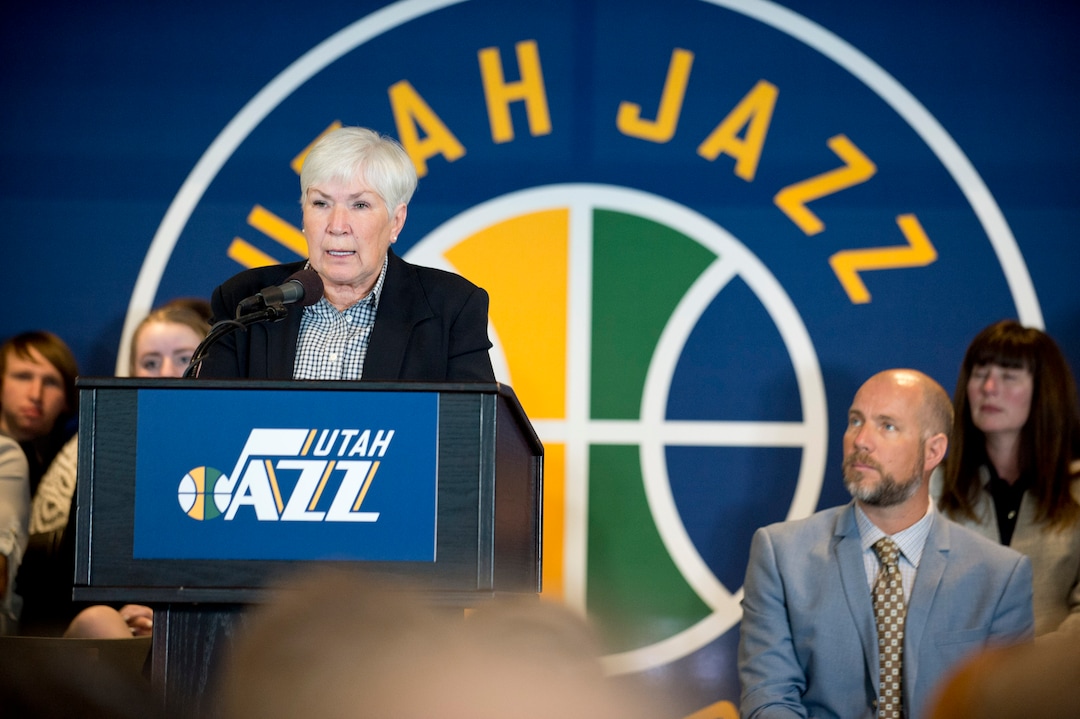 (Lennie Mahler  |  Tribune file photo) Gail Miller, owner and chairman of The Larry H. Miller Group of Companies announces she will transfer ownership of the Utah Jazz and Vivint Smart Home Arena to a family-owned legacy fund Monday, Jan. 23, 2017.