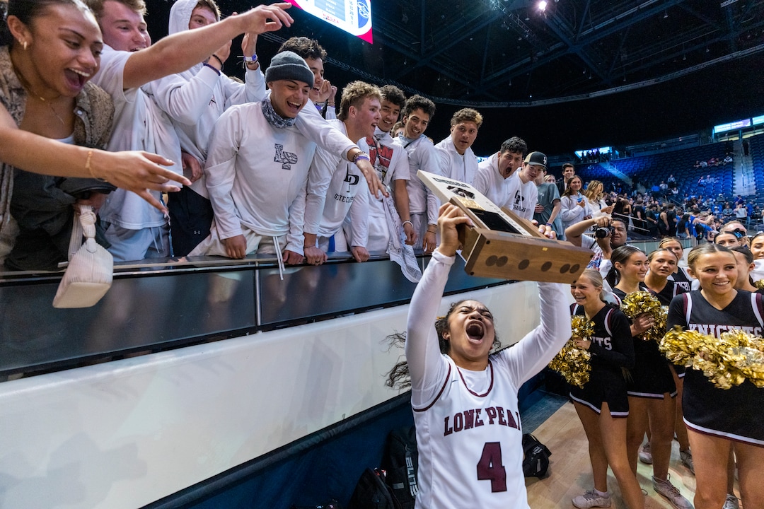 (Rick Egan | The Salt Lake Tribune) Lone Peak guard, Makeili Ika (4), celebrates their 67-65 double-overtime win over Fremont, in the 6A State Championship game, at the Marriott Center in Provo, on Saturday, March 5, 2022.  Ika hit the winning shot with .5 seconds left on the clock. 