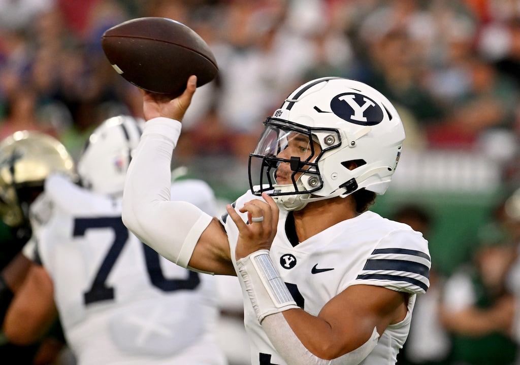 (Jason Behnken | AP) BYU quarterback Jaren Hall looks to throw a pass during the first half of an NCAA college football game against South Florida, Saturday, Sept. 3, 2022, in Tampa, Fla.
