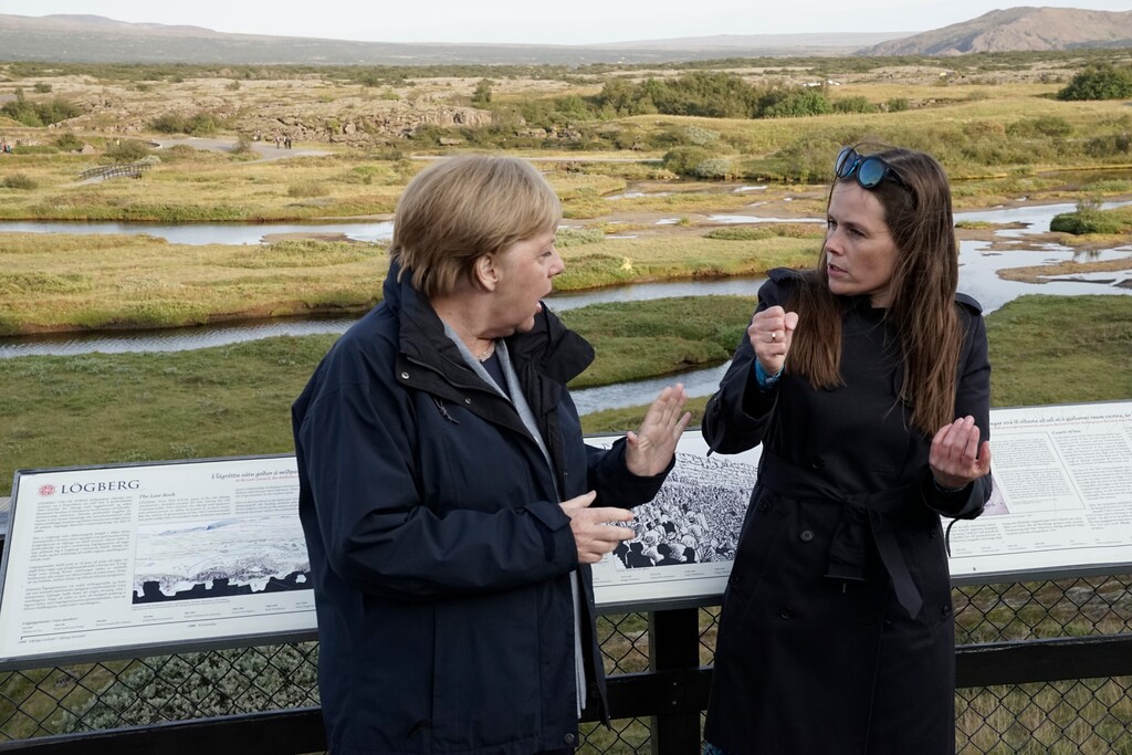 (AP Photo/Egill Bjarnason)

Iceland's Prime Minister Katrin Jakobsdottir, right, meets with German Chancellor Angela Merkel at Thingvellir National Park, about 40km from Reykjavik in Iceland, Monday Aug. 19, 2019.