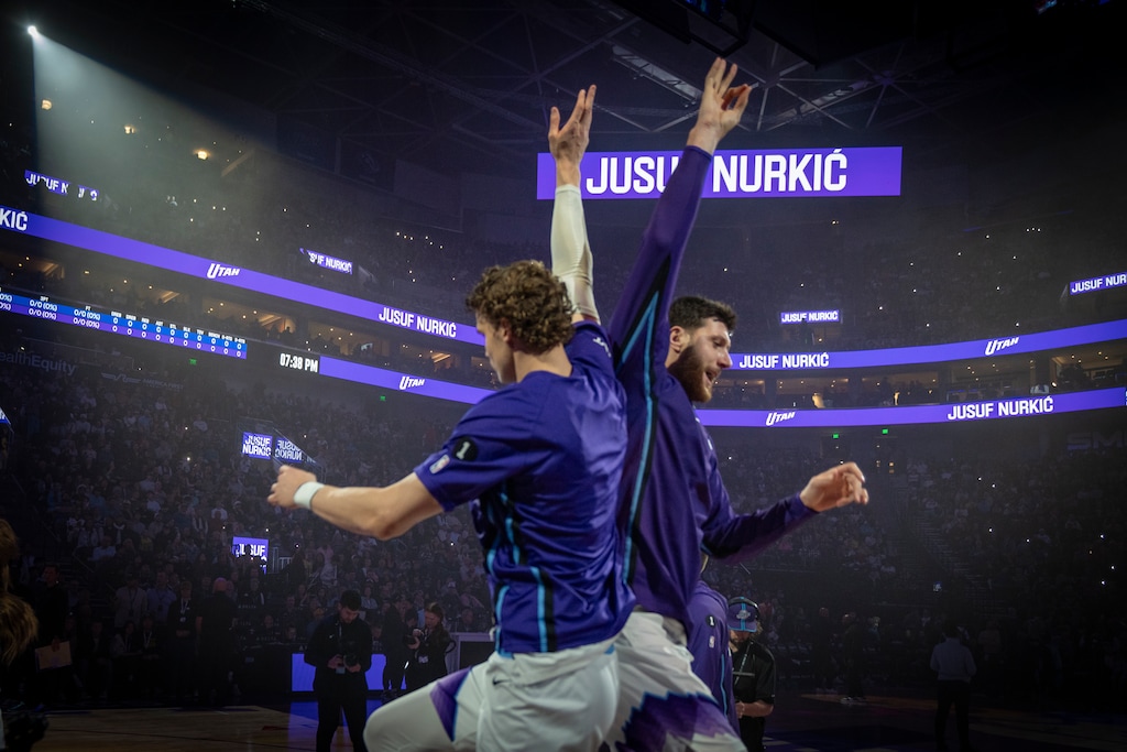 (Rick Egan | The Salt Lake Tribune) Utah Jazz center Jusuf Nurkic (30) high-fives Lauri Markkanen (23) during introductions before NBA action between the Utah Jazz and the Detroit Pistons at the Delta Center, on Friday, Dec. 26, 2025.