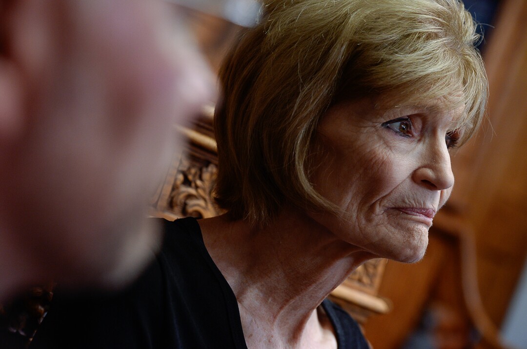 (Francisco Kjolseth  |  The Salt Lake Tribune)  Connie Elison, mother of Thomas Stanfield who was shot and killed by a Citadel security guard last week, speaks with the press at the office of attorney, Robert Sykes, in Salt Lake City on Tuesday, June 26, 2018, after filing a civil rights and wrongful death law suit.