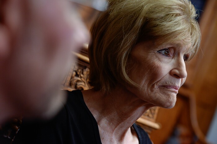 (Francisco Kjolseth  |  The Salt Lake Tribune)  Connie Elison, mother of Thomas Stanfield who was shot and killed by a Citadel security guard last week, speaks with the press at the office of attorney, Robert Sykes, in Salt Lake City on Tuesday, June 26, 2018, after filing a civil rights and wrongful death law suit.