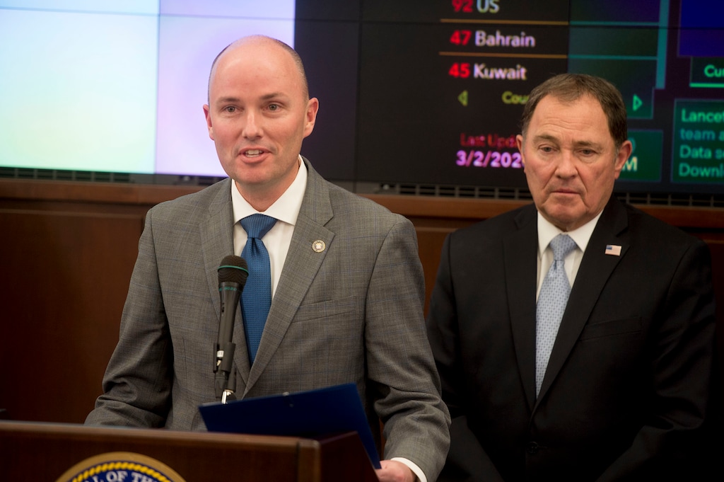 (Jeremy Harmon | Tribune file photo)  Lt. Gov. Spencer Cox talks about what the state is doing in case of a coronavirus outbreak in Utah during a new conference at the State Capitol on Monday, March 3, 2020. Behind him is Gov. Gary Herbert.
