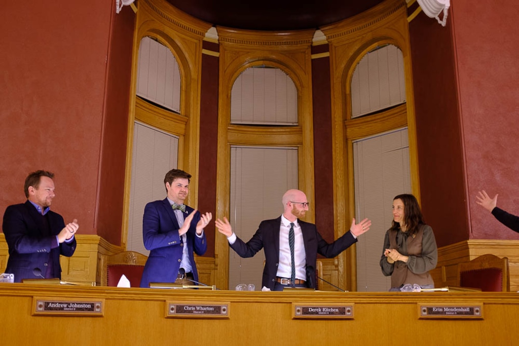 (Trent Nelson | The Salt Lake Tribune)
The city council recognizes outgoing City Council Member Derek Kitchen for his service to Salt Lake City District 4 and as 2018 Redevelopment Agency (RDA) Chair during the council meeting in Salt Lake City on Tuesday Nov. 27, 2018. Left to right are Andrew Johnston, Chris Wharton, Kitchen, and Erin Mendenhall.
