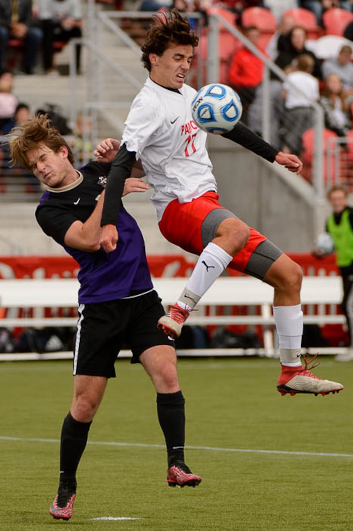(Trent Nelson | The Salt Lake Tribune)  Desert Hills vs. Park City High School, Saturday May 12, 2018. Desert Hills's Jonny Rogers and  Park City's Jacob Farnsworth (17).